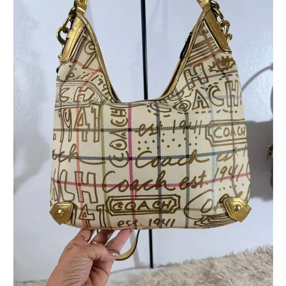 Coach Y2K Scribble Plaid Gold Trim Hobo Bag F13309 Pink Lining - Picture 3 of 11